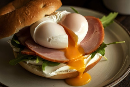A close-up photograph of a gourmet breakfast bagelの写真素材