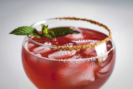 a glass bowl filled with a vibrant pinkish-red cocktailの写真素材