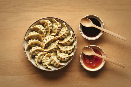 a ceramic bowl filled with golden-brown pan-fried dumplingsの写真素材