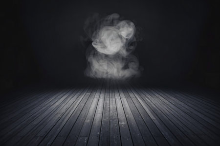 a dimly lit space with a prominent wooden floor.の写真素材