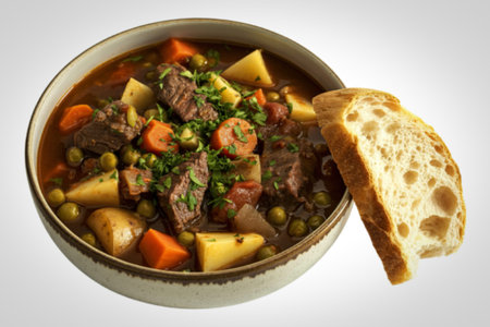 a rustic ceramic bowl filled with hearty beef stewの写真素材