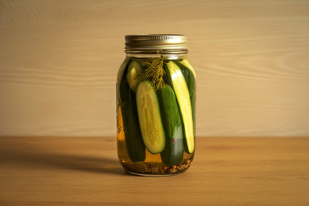 a clear glass mason jar filled with crisp cucumbersの写真素材