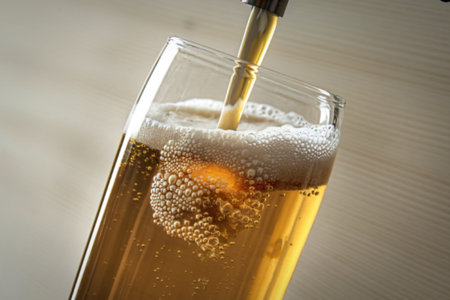 a glass filled with a golden beerの写真素材