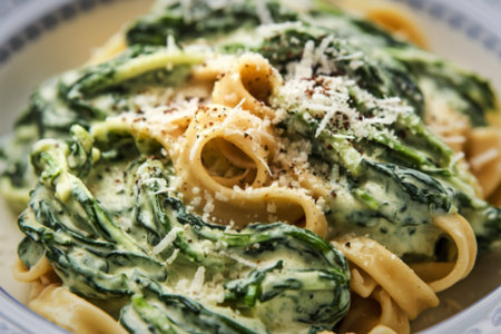 a pasta dish with a creamy spinach sauceの写真素材