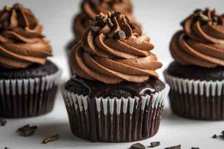 A photo of three chocolate cupcakesの写真素材