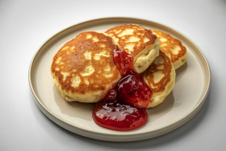 A photograph of golden-brown fried cottage cheese pancakesの写真素材