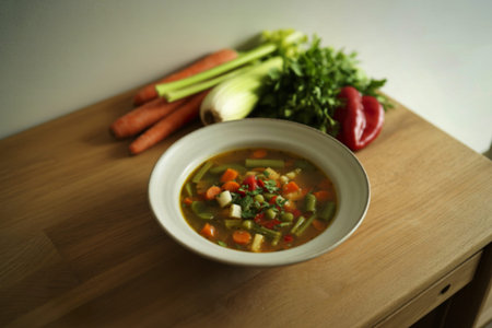 A photograph of a rustic homemade vegetable soupの写真素材