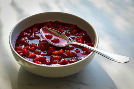 A photograph of a ceramic bowl filled with strawberriesの写真素材