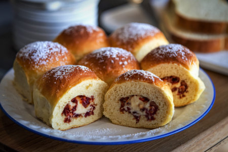 a plate with several golden-brown rollsの写真素材