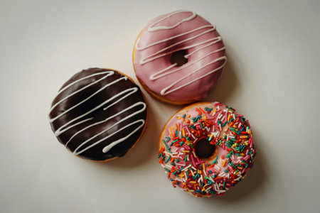 a top view of three donutsの写真素材