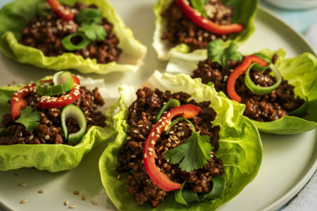 Asian-style ground beef lettuce wrapsの写真素材