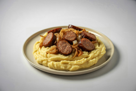 creamy mashed potatoes served on a white ceramic plateの写真素材