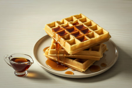 golden waffles stacked on a white ceramic plateの写真素材