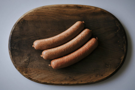 three hot dogs on a wooden cutting boardの写真素材