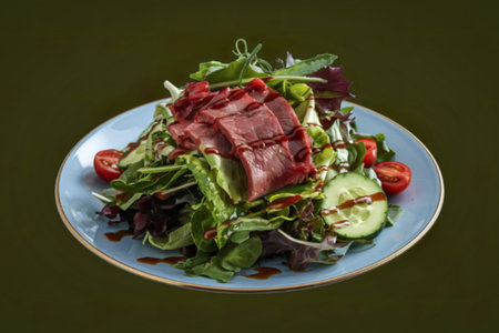 sliced red meat, and vegetables on a plateの写真素材