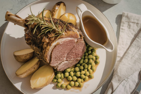 a perfectly roasted leg of lambの写真素材