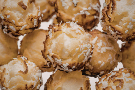 A photo of a close-up view of a round coconut macaroonsの写真素材