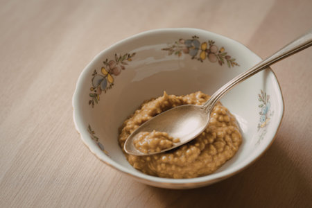 A close-up photograph of a white bowl filled with a mustard