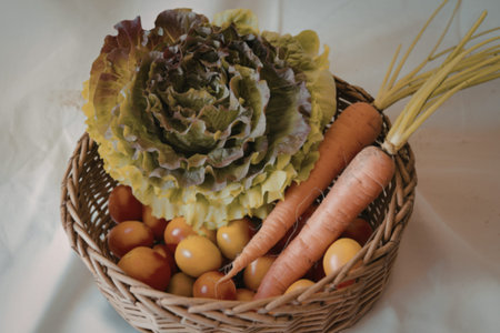 a wicker basket filled with fresh vegetablesの写真素材