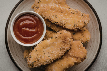 A photo of breaded chicken strips on a plate