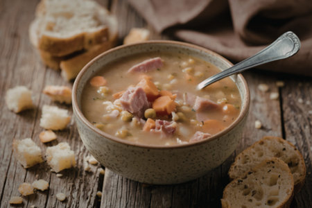 A photo of a bowl of hearty soupの写真素材