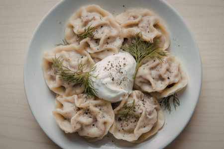 A photo of a plate of dumplings with a creamy filling
