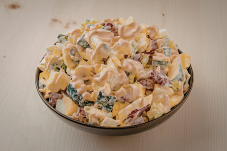 A photo of a bowl filled with a creamy salad