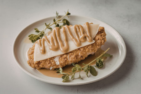 A photo of a chicken fillet with cheese in a batter