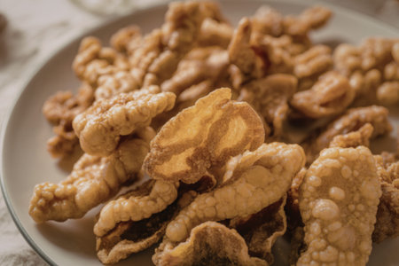 a white ceramic plate filled with crispy, golden-brown pork cracklings