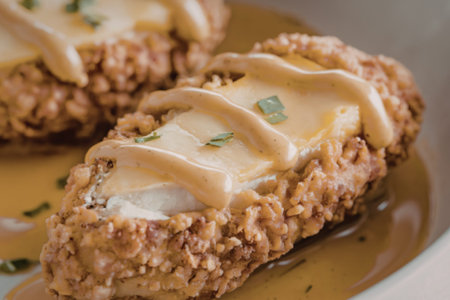 A close-up, photo of a chicken fillet with cheese