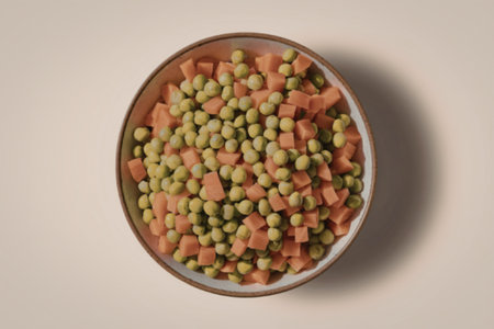a bowl filled with green peas and orange diced carrotsの写真素材