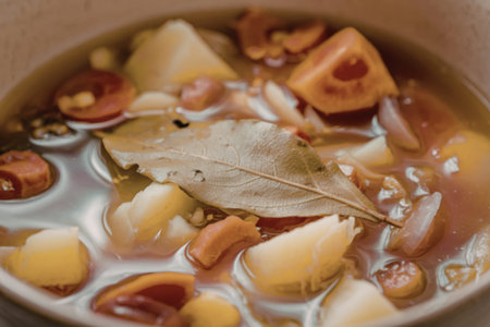 A photo of a bowl of vegetable soup with a close-up, macro shot
