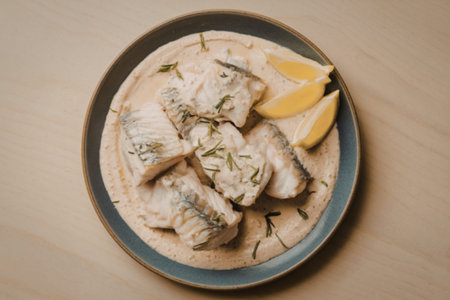 A photo of chunks of cooked fish with a creamy sauce on a plateの写真素材