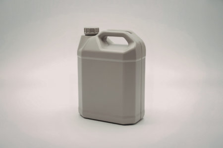 A clean product photography shot of a sleek white modern plastic jerrycan