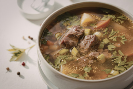 a steaming bowl of hearty meat soup
