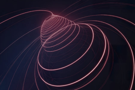 A digital art piece featuring luminous neon red lines