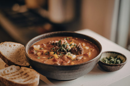 A photo of a bowl of hearty soup