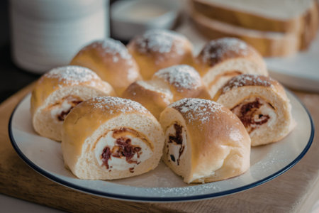 A photo of a plate with several golden-brown rolls
