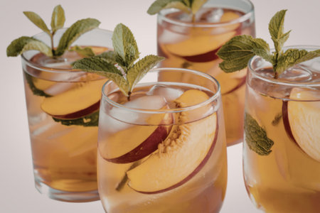 A photo of three glasses filled with a golden-hued iced tea