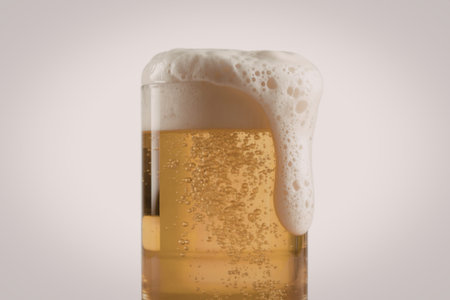 a tall glass filled with golden amber beer
