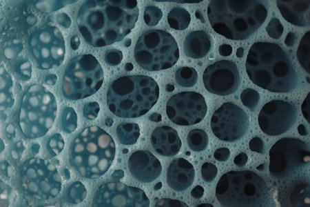A photo of a close-up view of a porous, sponge-like material