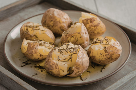 A photo of crushed, broken potatoes baked in oilの写真素材