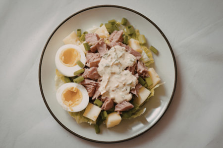 a soft-boiled egg, chopped tuna, green onions, and diced boiled potatoesの写真素材