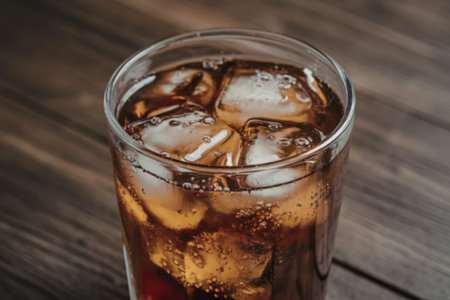 a close-up view of a glass of iced colaの写真素材