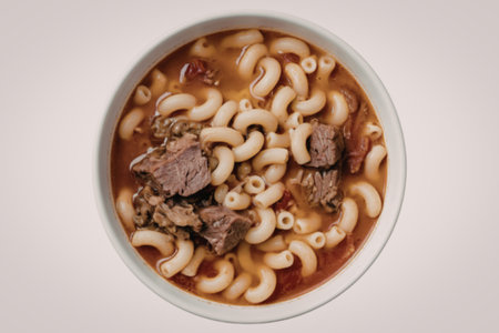 A photo of a bowl filled with a pasta soup