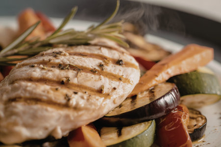 A close-up photograph of perfectly grilled chicken breastの写真素材