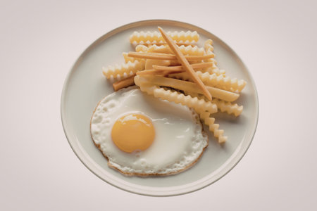 A clean, overhead photograph of a fried eggの写真素材