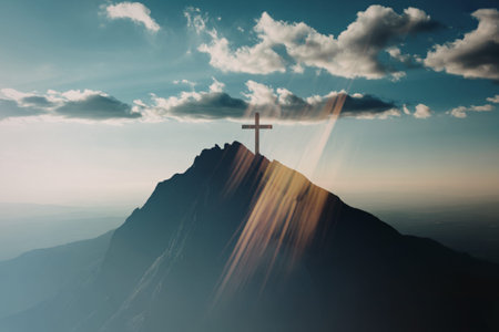 a cross on a mountain with a blue sky and white cloudsの写真素材