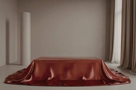 a large rectangular platform draped in luxurious vibrant satin red clothの写真素材