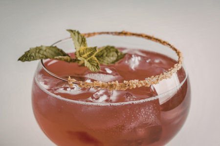 A photo of a glass bowl filled with a vibrant pinkish-red cocktailの写真素材